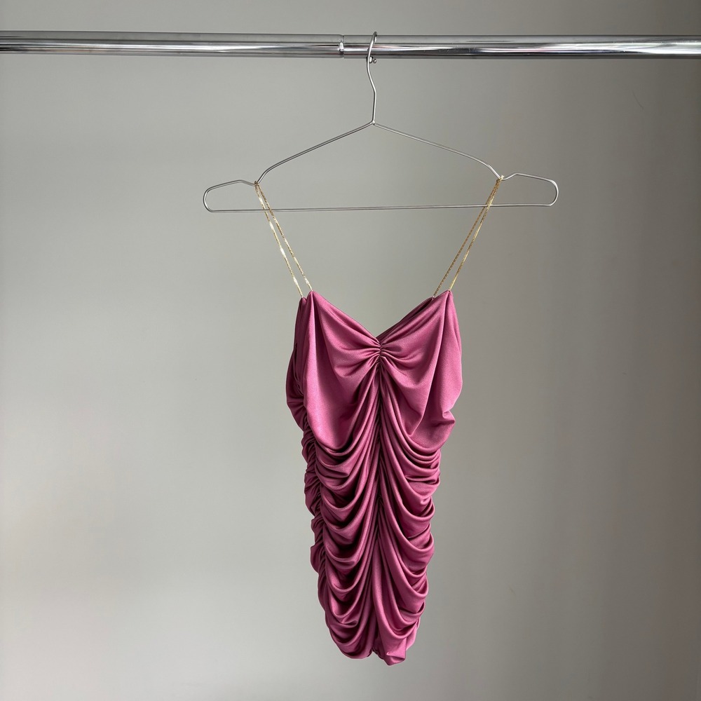 90s‎ Vintage Italiya Mauve Ruched Top XS Gold Chain Straps Party Club Wear Y2K